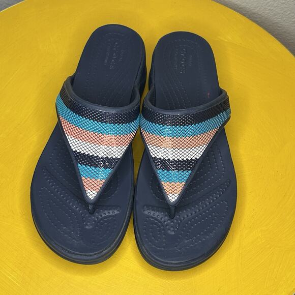 CROCS Monterey Bead Stripe Thong Comfort Sandals Flip Flops Women’s Size 9 Blue - Picture 2 of 14